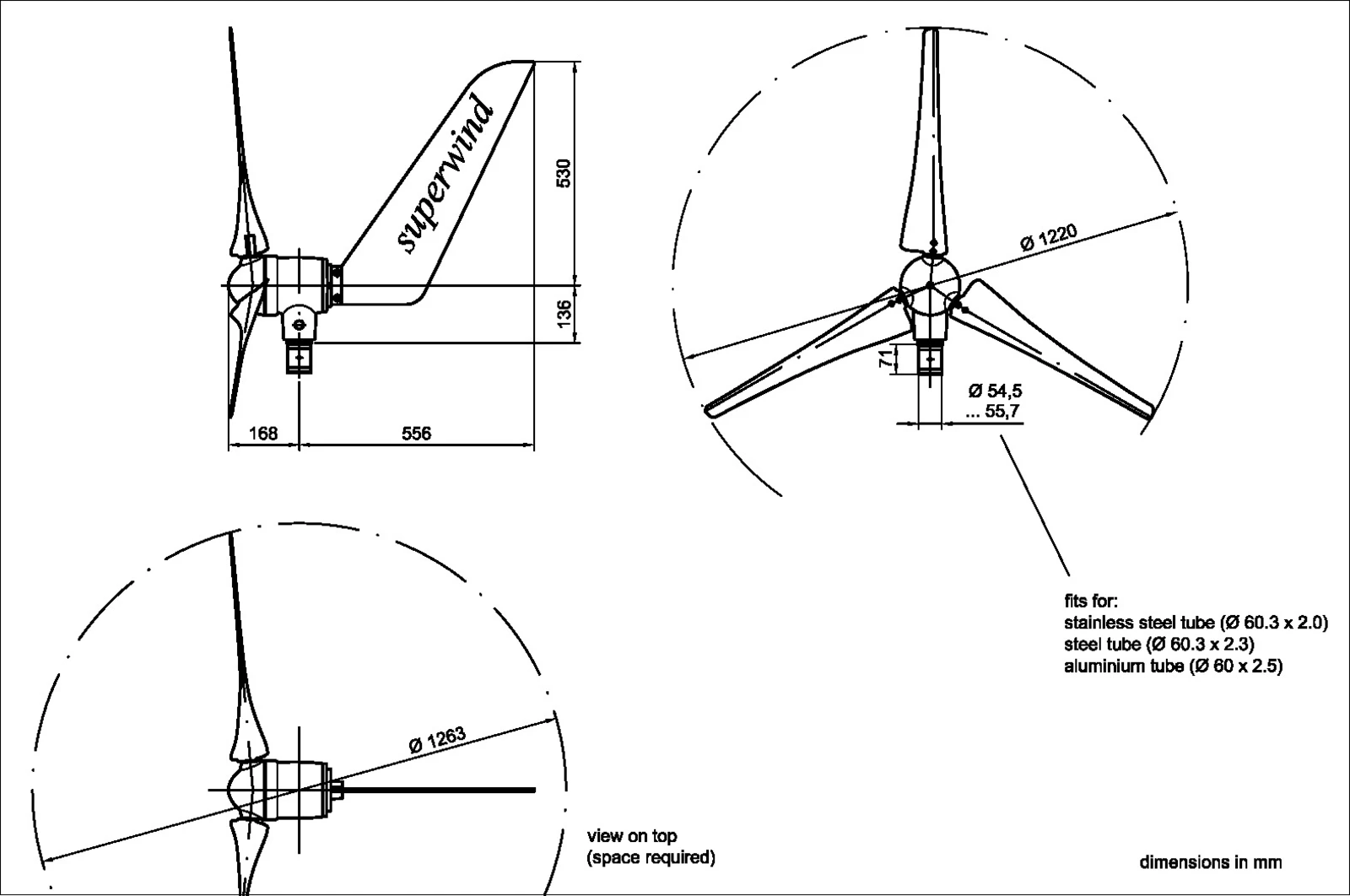 Dimensioned drawing wind generator SW 353