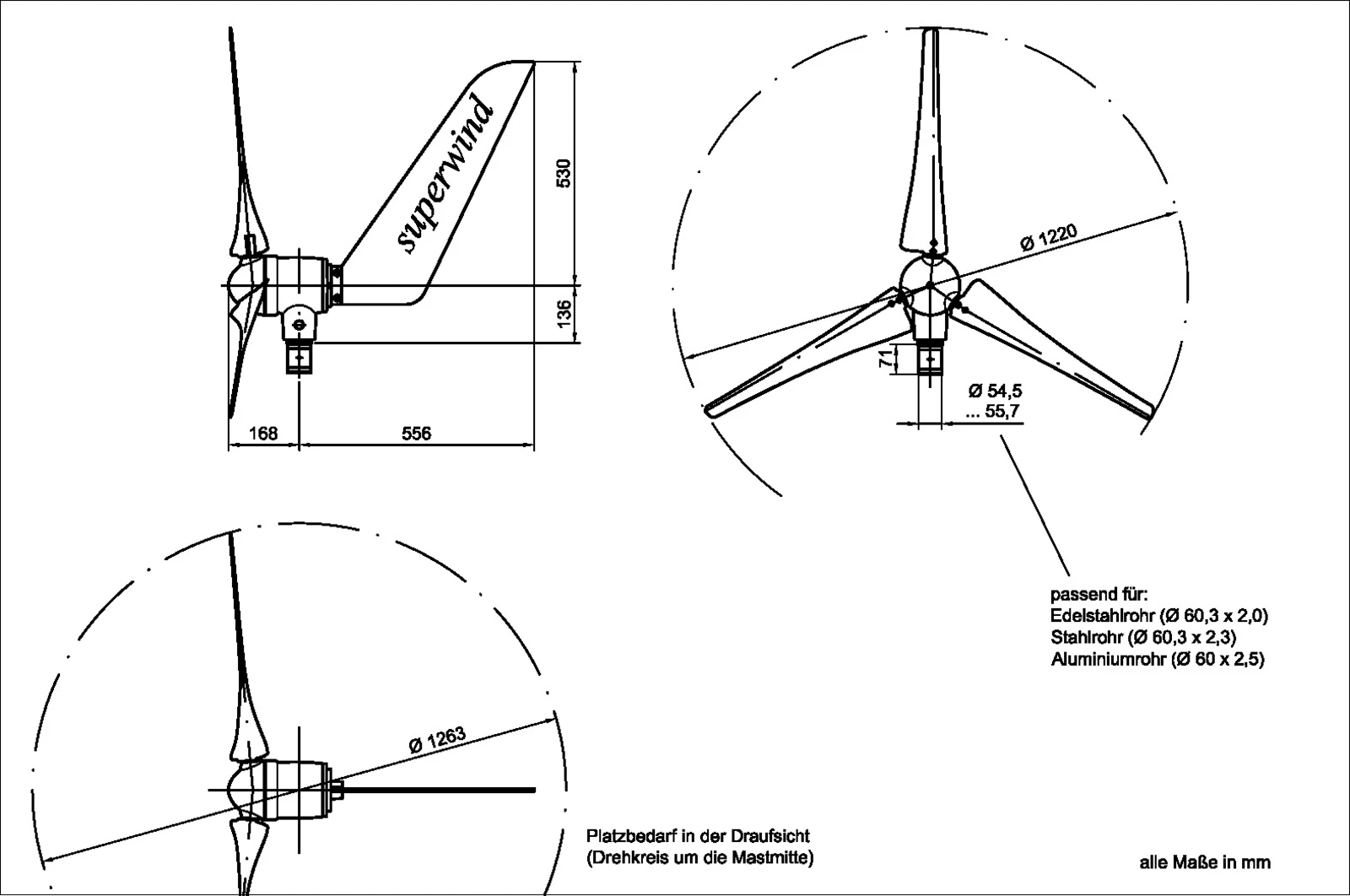 Maßzeichnung Windgenerator SW 353