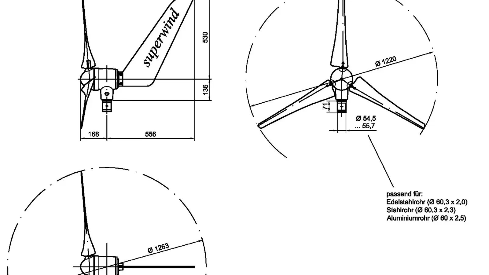 Maßzeichnung Windgenerator SW 353